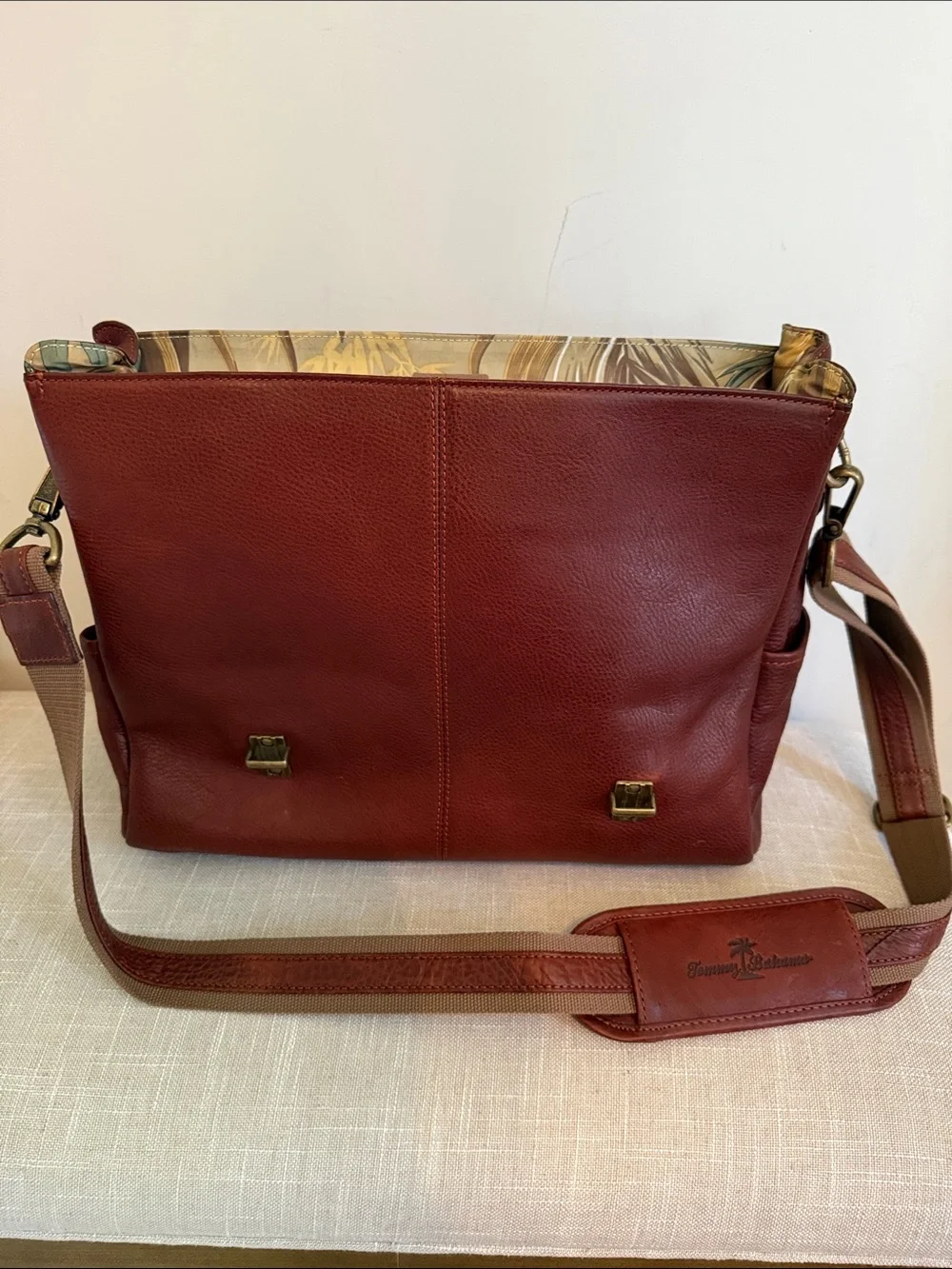Tommy Bahama Red Leather Briefcase / Messenger Bag with Brass Buckles